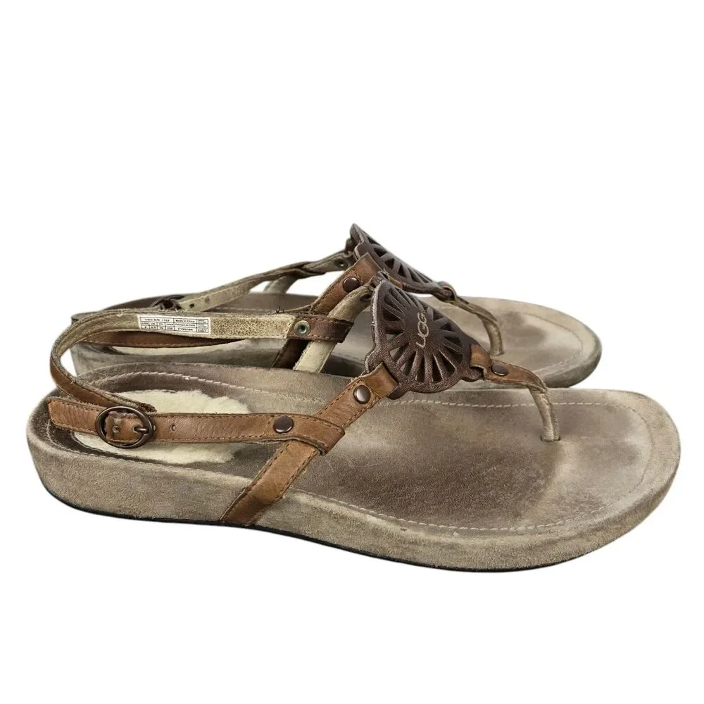 UGG T Strap Medallion Sandals Women's Sz 8 Bronze Brown Ankle Strap Fur Heel